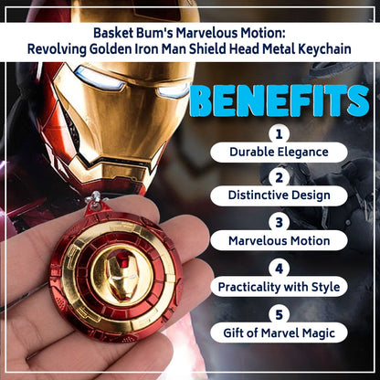 Basket Bum's Marvelous Motion: Revolving Golden Iron Man Shield Head Metal Keychain