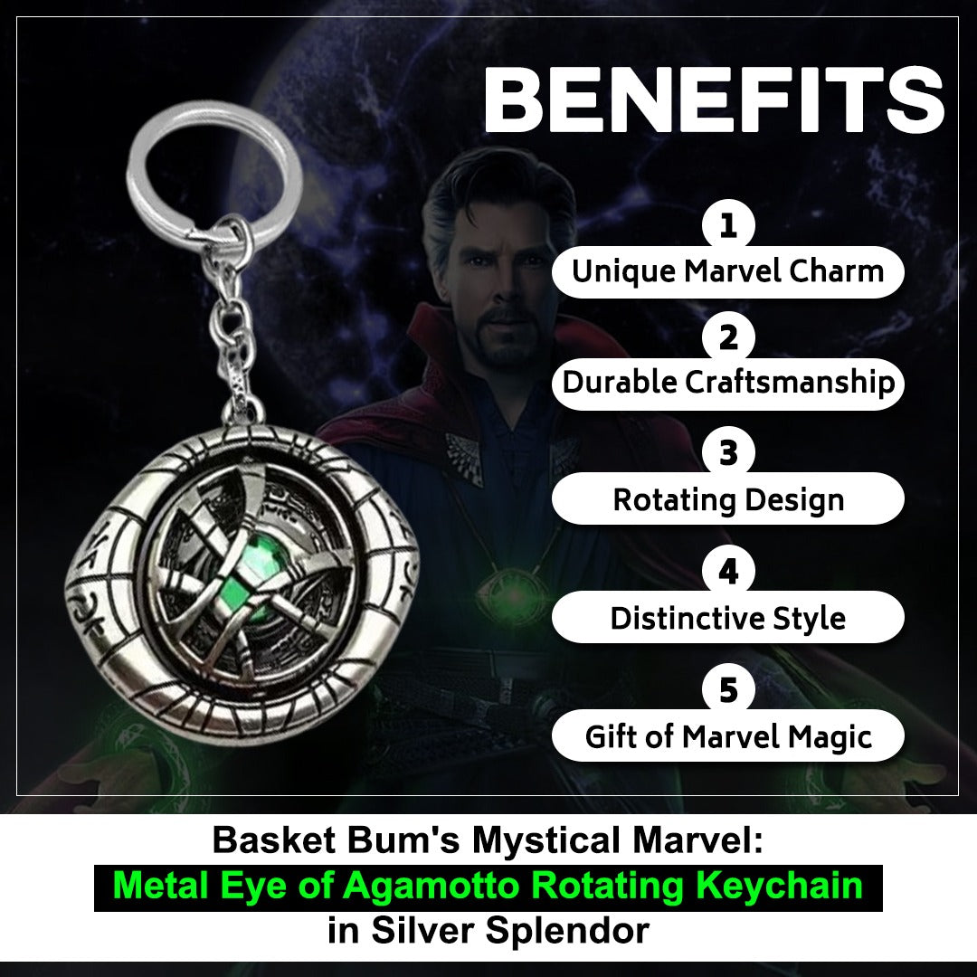 Basket Bum's Mystical Marvel: Metal Eye of Agamotto Rotating Keychain in Silver Splendor